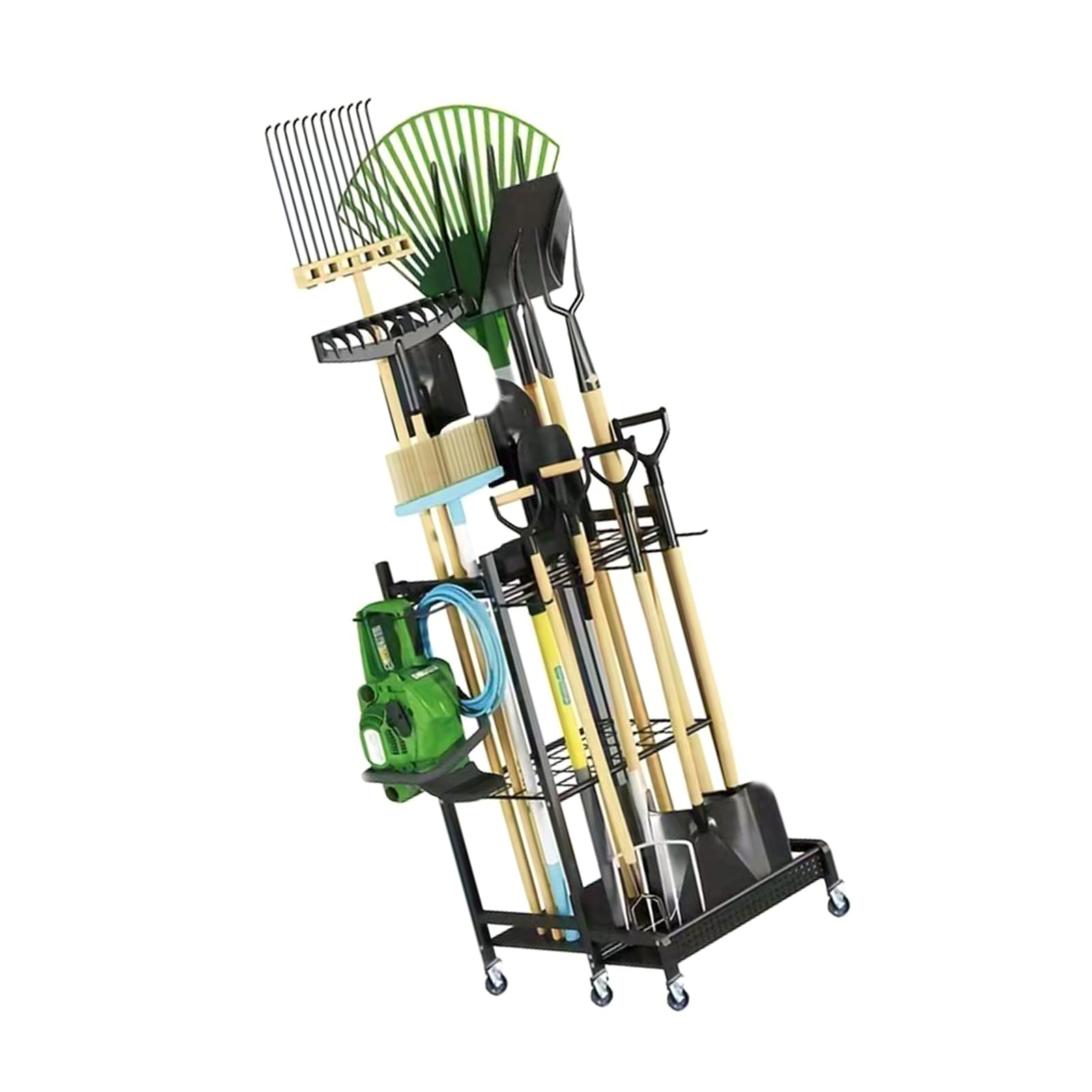 Support mural pour outils de jardinage avec plusieurs sections et rouleaux, parfait pour l'arrangement d'atelier, en acier, compact avec séparateurs et roulettes, idéal pour ranger du
