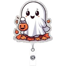 Ghost Badge Reel Retractable Ghost Carrying Basket Badge Clip with Maple Leaves Designs Acrylic Halloween ID Name Holder Clip for Nurse, Teacher, Student, Hospital, Office Worker Name Tag