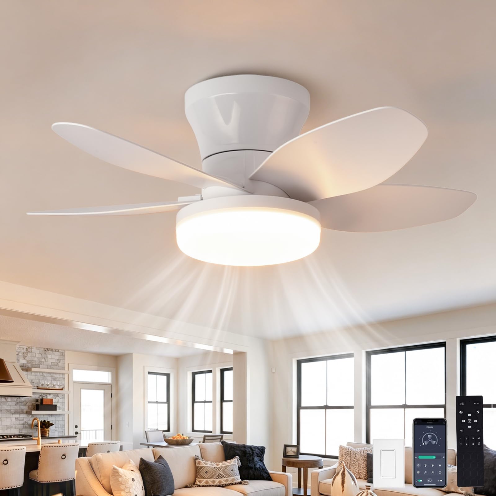 SXDMOUBK 25/36/42 Inch Dimmable LED Ceiling Fan,Reversible,Timer,6 Speeds & Timer Ultra-Quiet,Ceiling Fans with Lights and Remote,Dimmable Smart Ceiling Fan for Bedroom Kitchen Dining Room