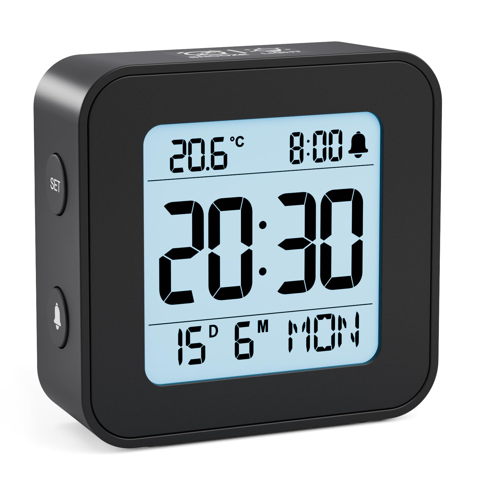 LATEC Alarm Clock Bedside Battery Powered LCD Digital Clock with Date & Day, Snooze, Temperature, 12/24H, Backlight, 3 Volumes, Silent Travel Small Clock for Heavy Sleepers Included Battery Black