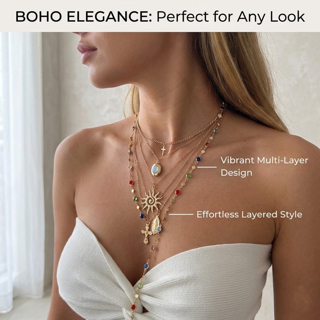 Colorful Layered Necklaces for Women Long Cross Chain Necklace Boho Gold Stacked Necklaces Statement Y-Shape Necklace Jewelry Gifts for Women