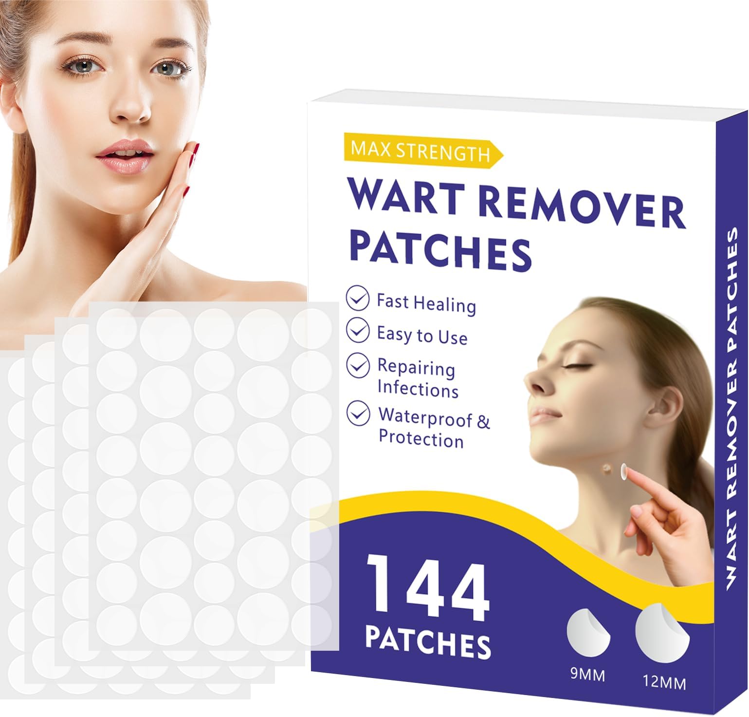 Wart Remover Patches, Skin Care Removal Patches with Maximum Strength, Fast & Easy Operate Hydrocolloid Waterproof Invisible Sticker for All Skin Types-144pcs