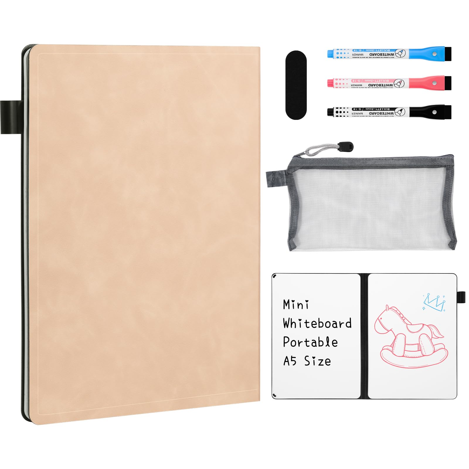 AGM A5 Mini Whiteboard, Portable Dry Erase Board with 3 Colored Markers, Eraser, and Mesh Pouch, Ideal for Studying, Meetings, Note-Taking, and Doodling-Pink