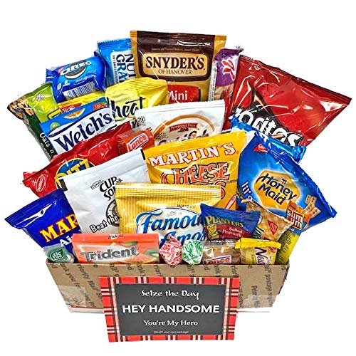Snack Care Packages for Men with Greeting Card, Cookies, Candy, Chips, Crackers, Nuts, Bars, Pretzels Snack Filled Care Package for Get Well, Birthday, Stress