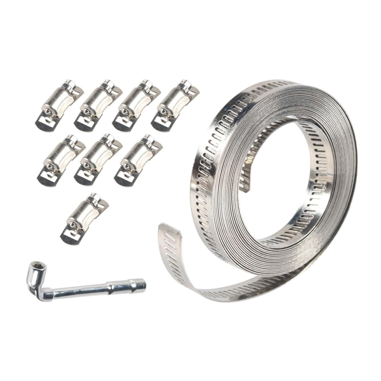 Juego de 2 abrazaderas manguera acero inoxidable, correa Metal ajustable, Clip tornillo for poste mecánico, plomería, engranaje sin fin, conducto aire para Manguera(10m (with 16 fastener))