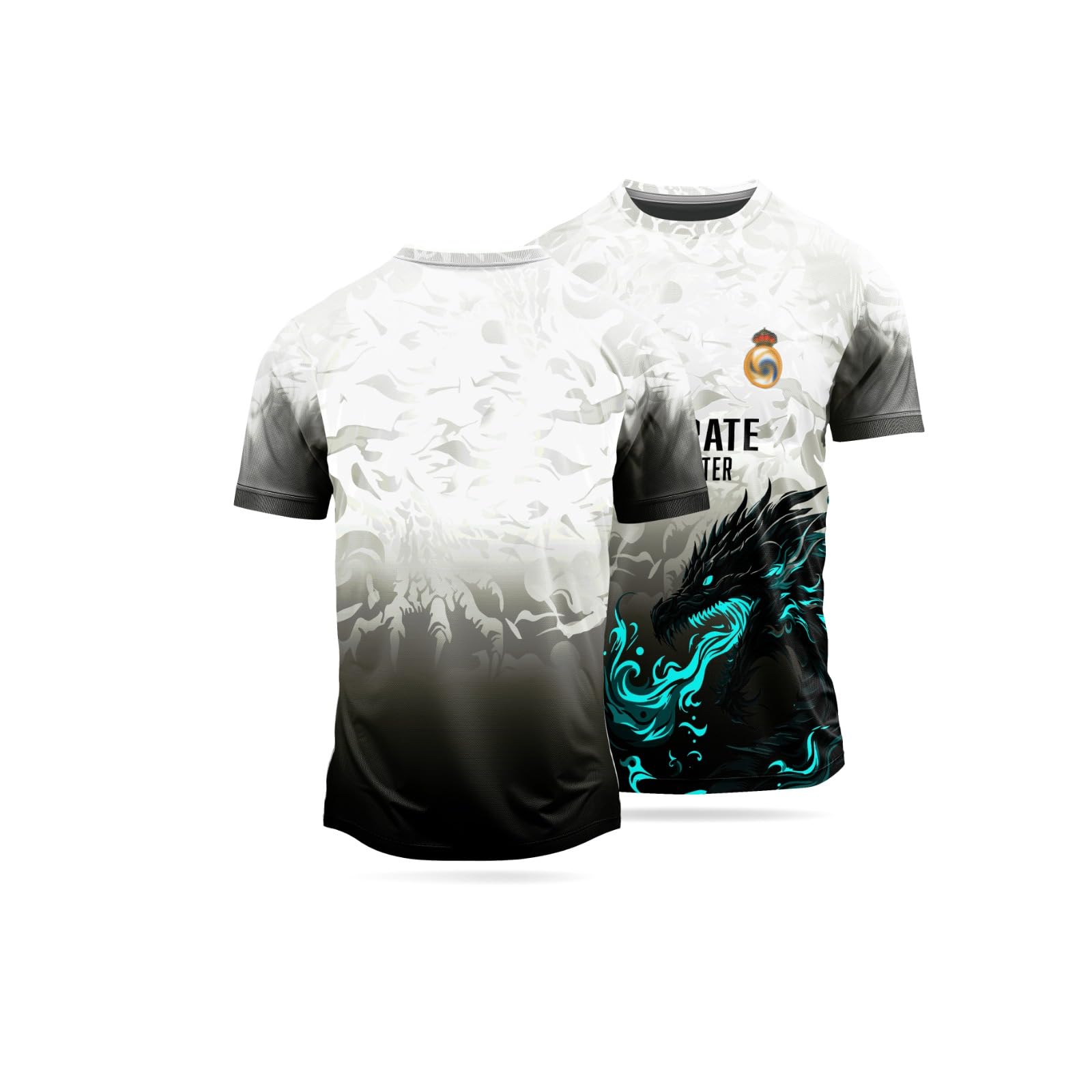 play fusion Dragon Jersey, White to Black Gradient Design with Turquoise Dragon Graphics, Sports T-Shirt-picture-16