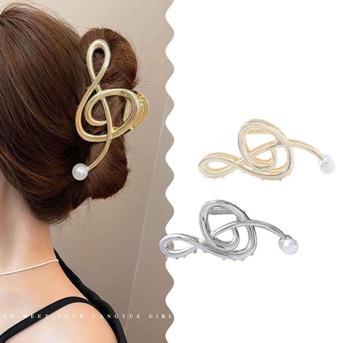 Cubahop 2PCS Metal Hair Claw Clips Barrettes Musical Note Pearl Irregular Large Shark Clamp Gold Silver Wave Non-Slip Hair Styling Accessories for Women (Color A