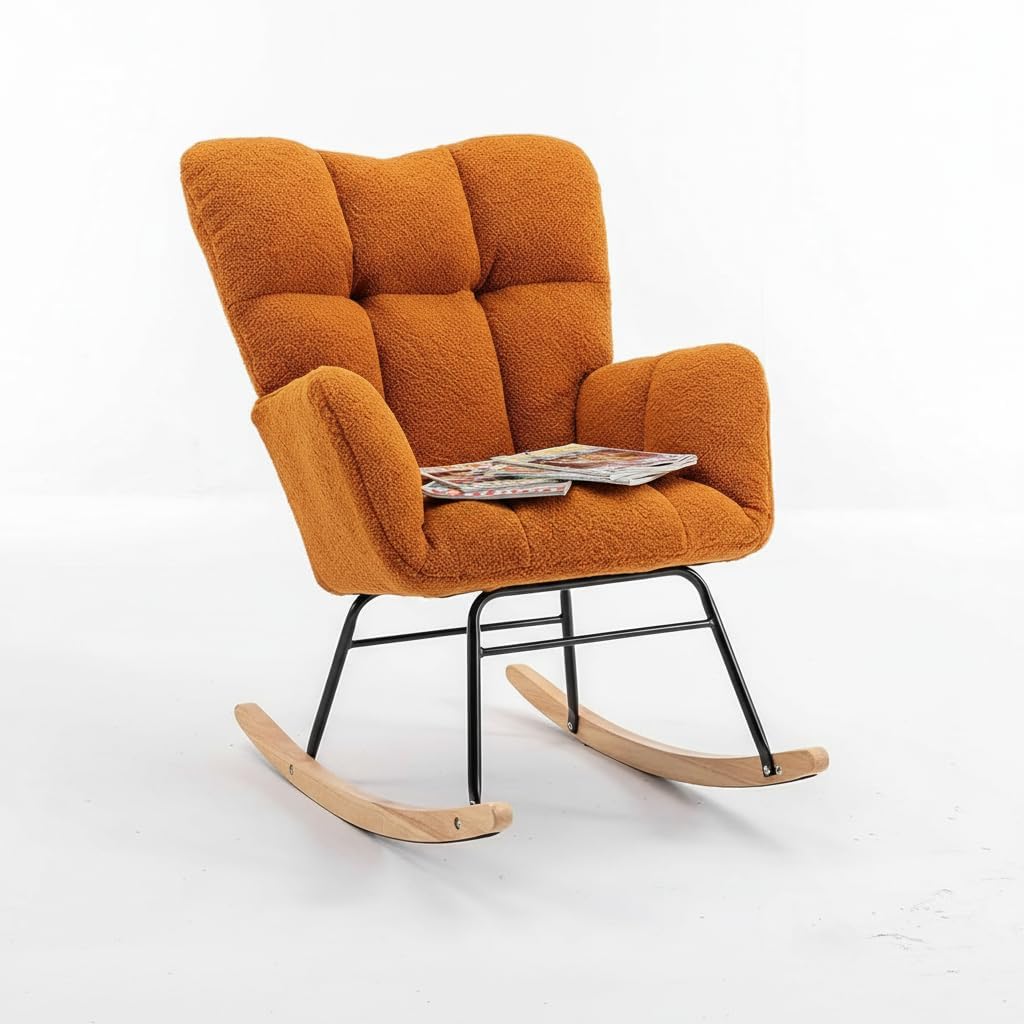 Cozy Home Living Teddy Fabric Rocking Chair, White Plush Upholstered, Indoor Accent Chair with Wooden Base (Caramel, Chair)