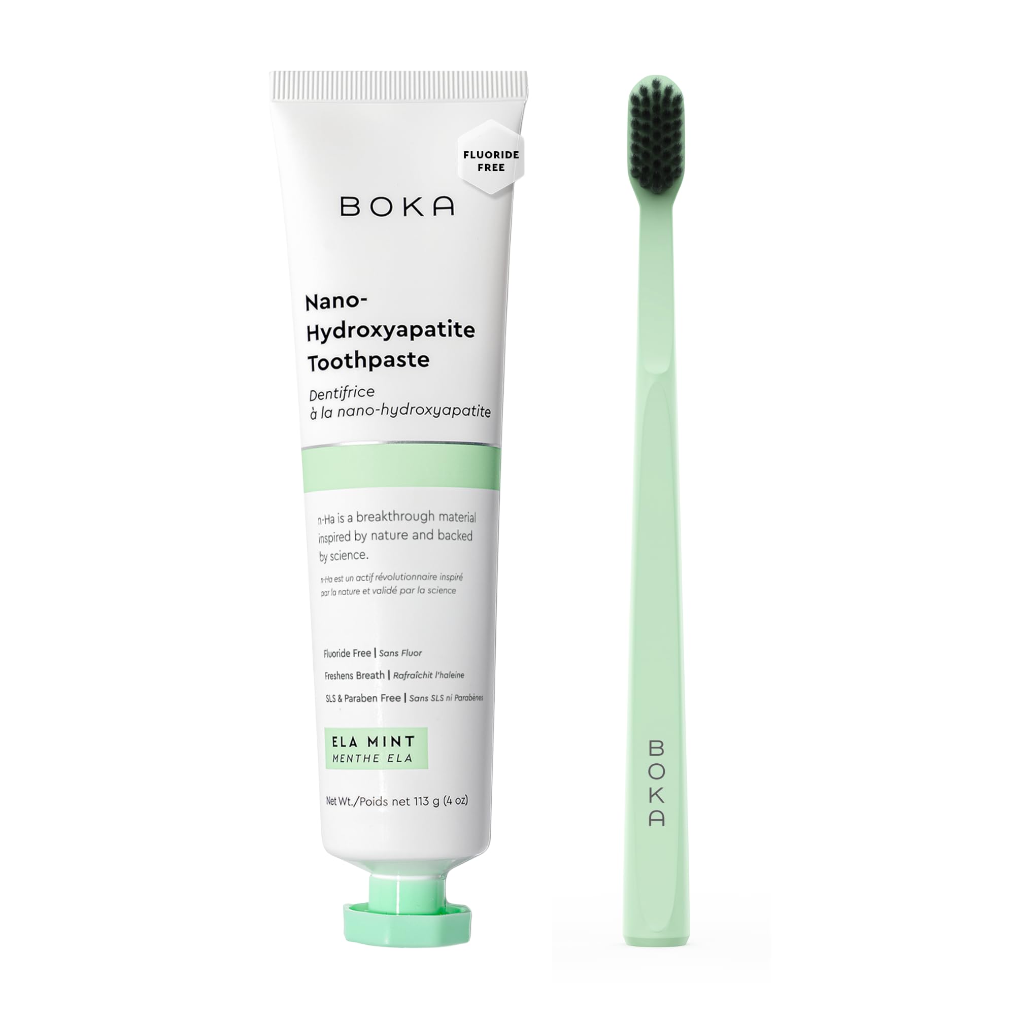 Boka Fluoride Free Toothpaste - Nano Hydroxyapatite - Ela Mint 4oz and Classic Manual Toothbrush, Mint