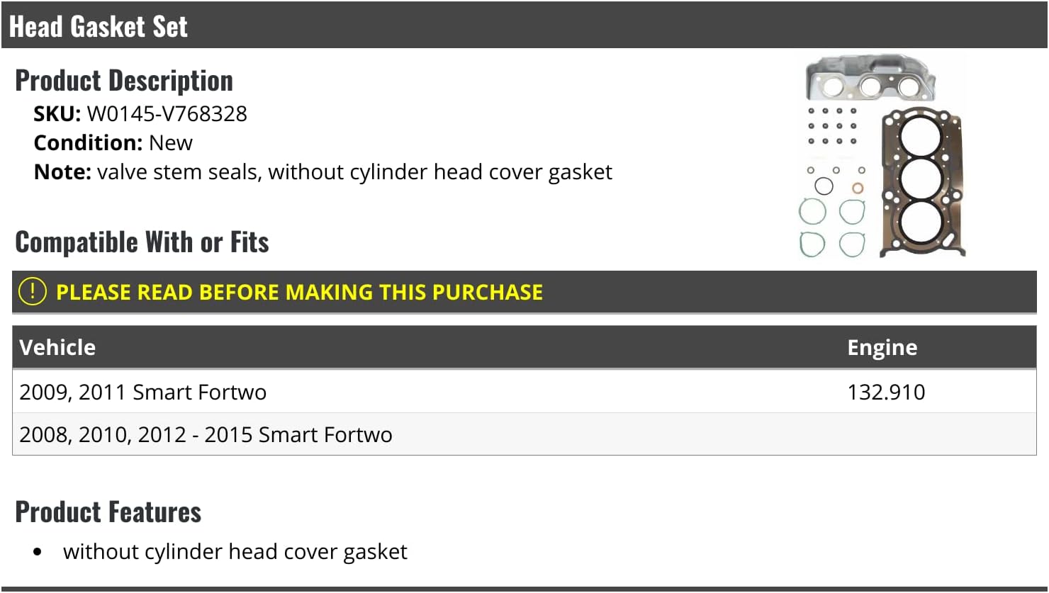 Marketplace Auto Parts Head Gasket Set - Compatible with 2008-2015 Smart Fortwo 132.910 (W0145-V768328)