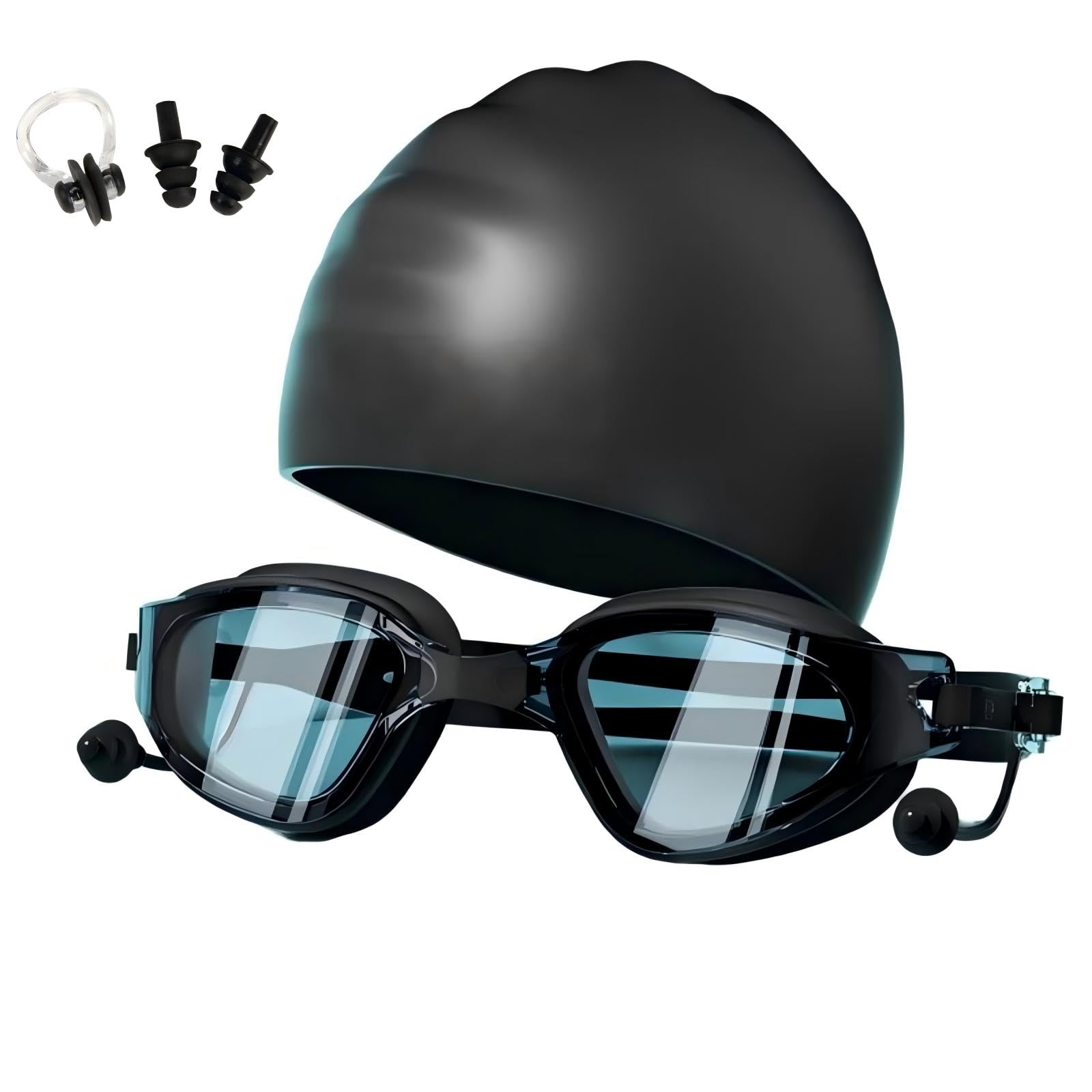 ZZSGLPN Adults Optical Performance Swimming Goggles, Anti-Fog UV Protection with Earplugs Nose Clips, Prescription 0-6.0 Available for Triathlon Training (Black+Cap, -2.0)