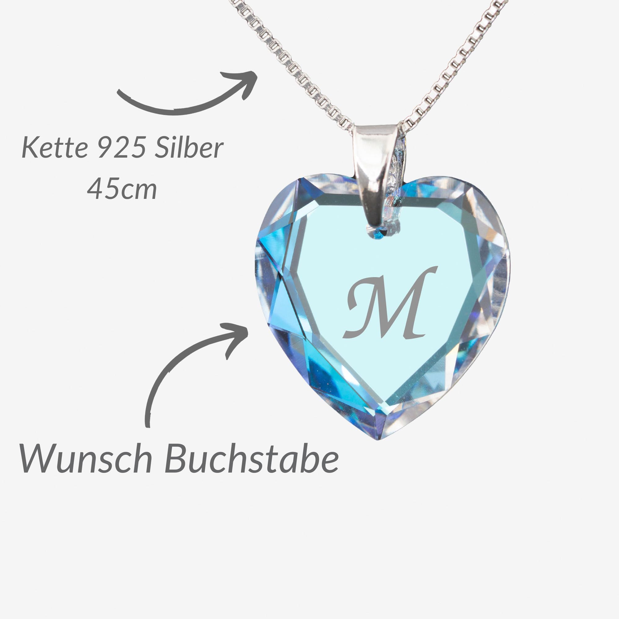 Kette 925 Silber mit Swarovski Elements Herzanhänger Farbe Blue AB und Gravur Buchstabe A - Z
