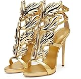 Vertundy Gold Womens Stiletto Heel Sandals Metallic Wings Round Toe High Heeled Sandals Ankle Strap Dress Party Shoes