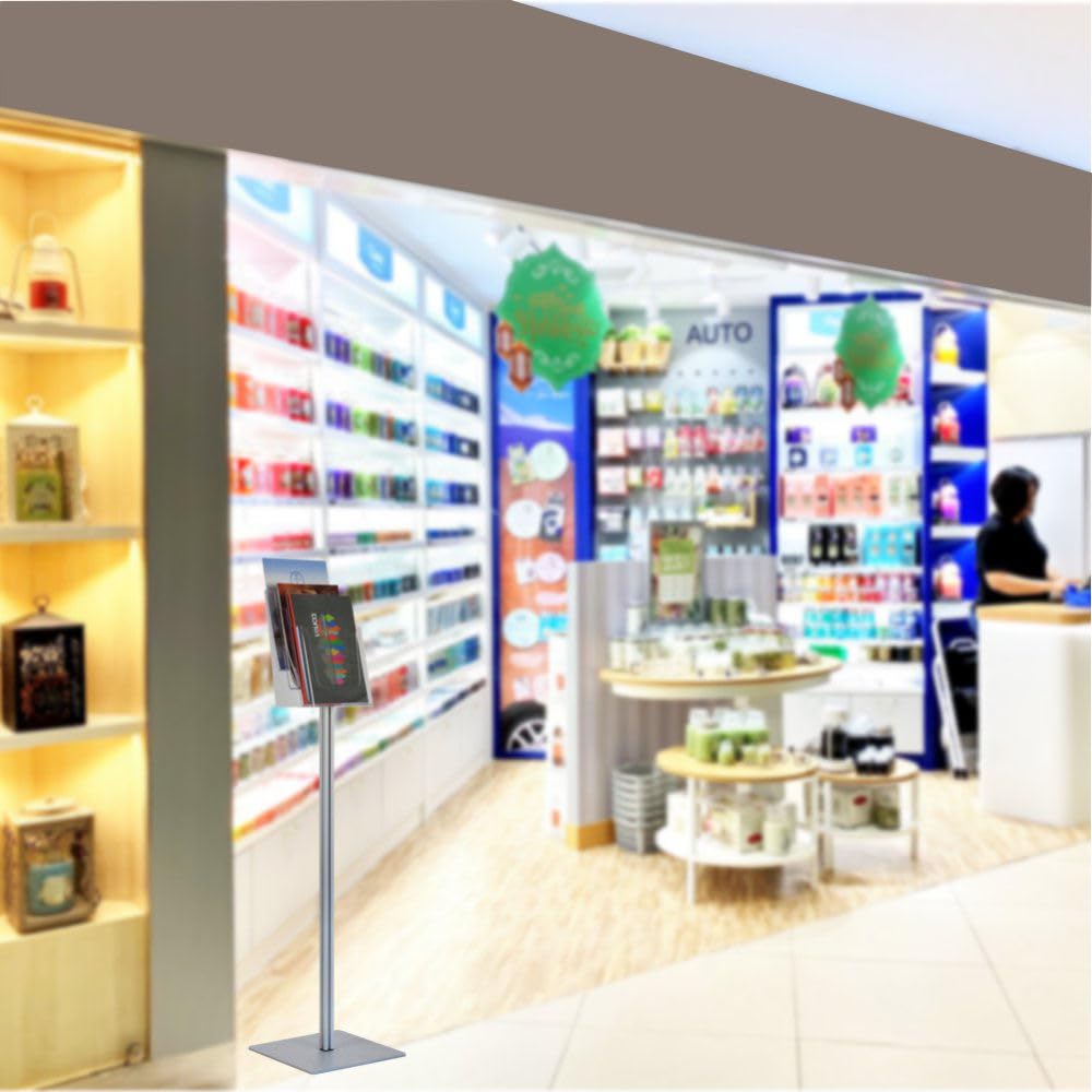 Espositore Portadepliant porta cataloghi da terra a Piantana con 3 Tasche in plexiglass per stampati A4, montante in Alluminio e base ultra sottile antinciampo in metallo per una migliore stabilità