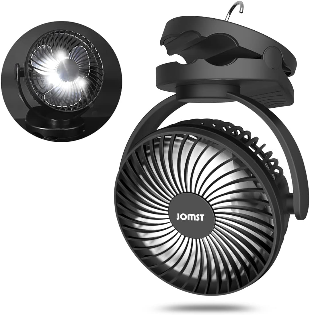 JOMST Portable Camping Fan LED Lantern, 4 Speeds Personal Silent Mini Desk Fan,USB Rechargeable 5000mAh Battery Operated Clip on Fan with Hook,Cooling Fan for Camping, Stroller, Office