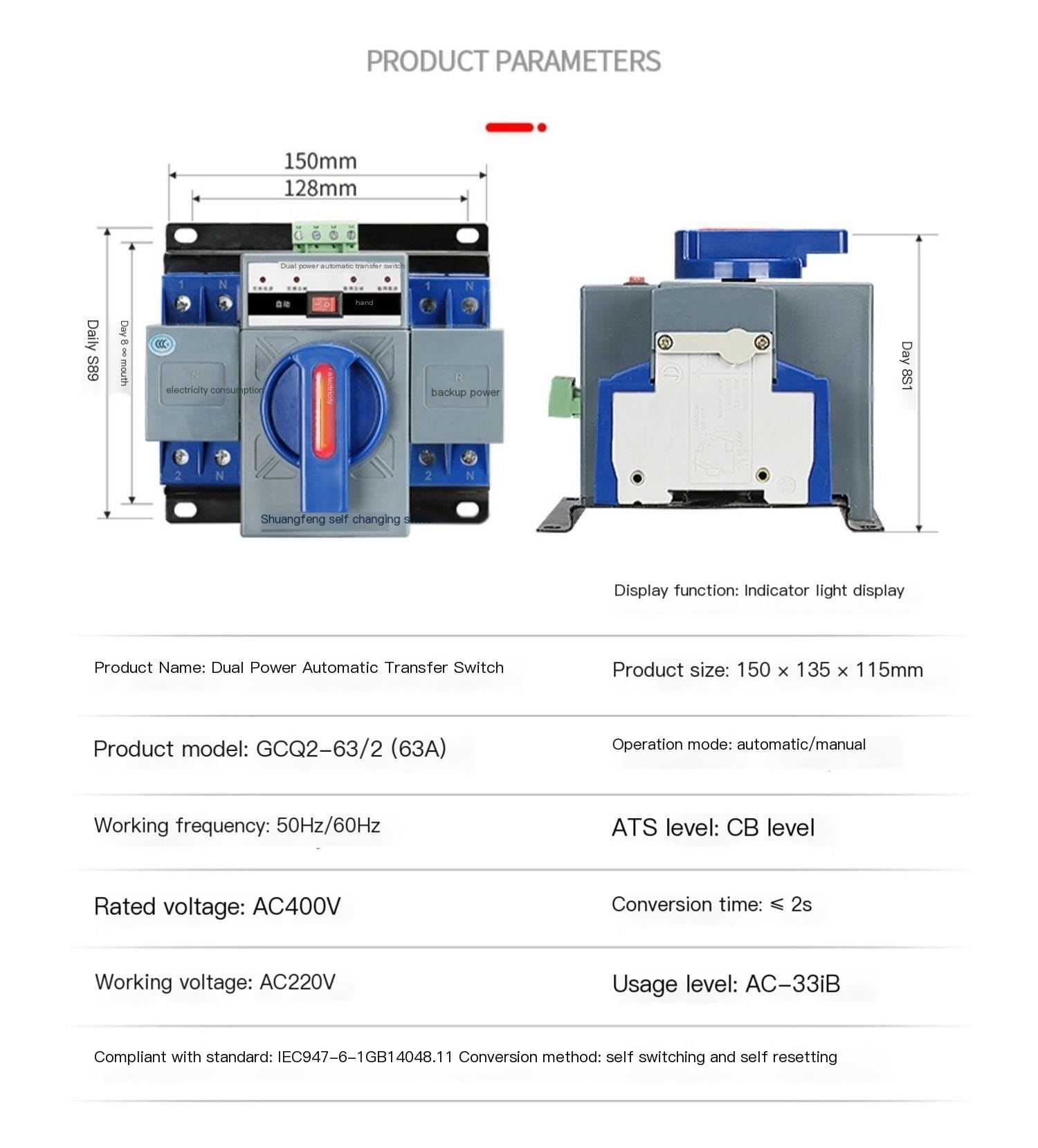 Interruptor de transferencia automática de fuente de alimentación dual | 2P 63A conmutación de circuito dual, ATS Monofásico de Red y Generador 220V
