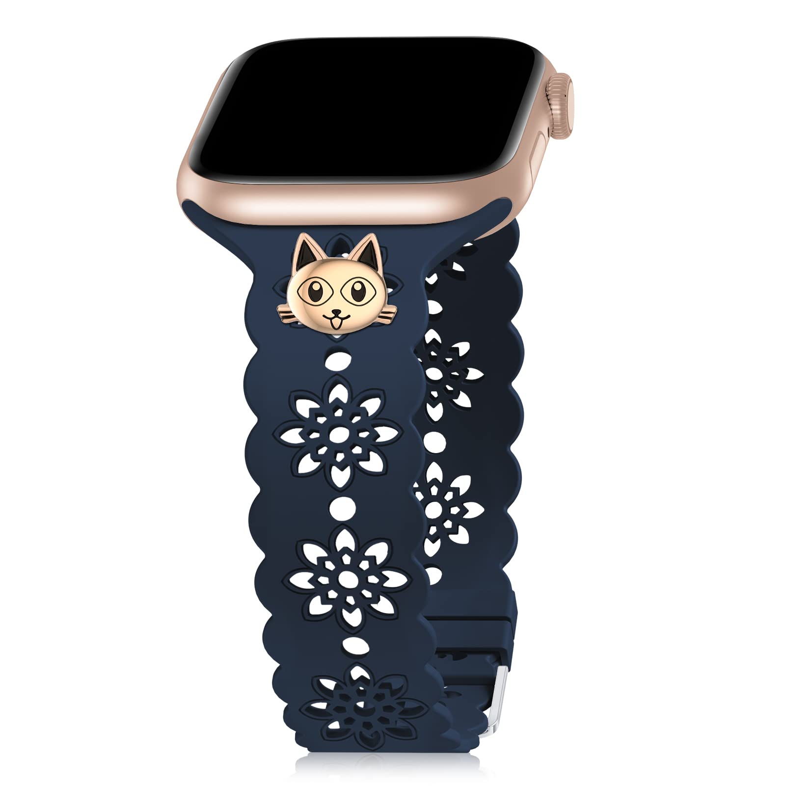 Floral Silicone Band with Charms Stud Compatible with Apple Watch Bands 38mm 40mm 42mm 44mm 41mm 45mm 46mm 49mm Women, Slim Hollow-out Wristbands Sport Bands for iWatch Ultra SE Series 10 9 8 7 6 5 4 3 2 1