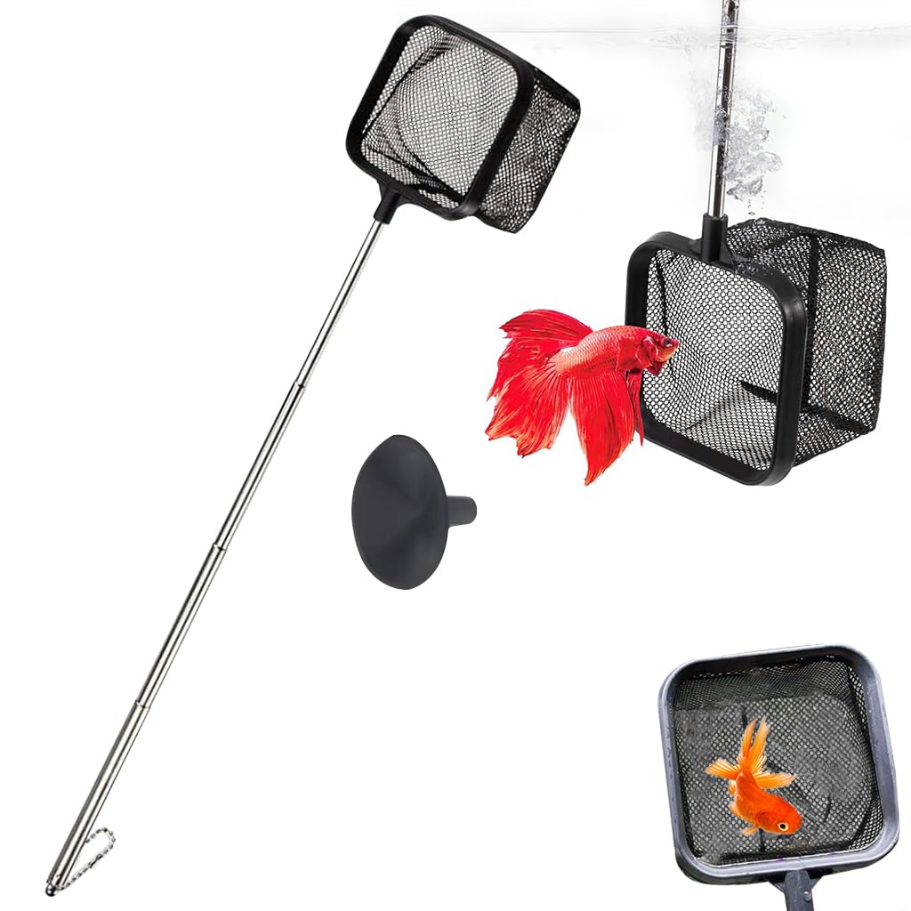 Qpets® Fishing Net, 3.1X3.1 Inch Small Aquarium Fish Net for Betta Fish Tank, 18'' Stainless Steel Retractable Handle Square Fish Net for Catching for Small Betta Fish Tank