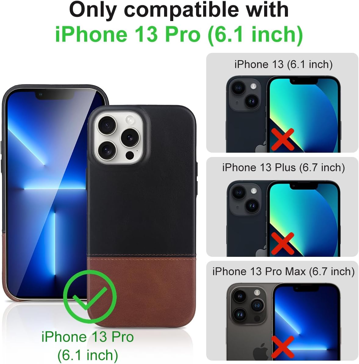 KEZiHOME Case for iPhone 13 Pro, Compatible with MagSafe, Genuine Leather Drop Protection Shockproof Shell Full Body Protective Cell Phone Cover Case Compatible with iPhone 13 Pro 2021 (Black/Brown)