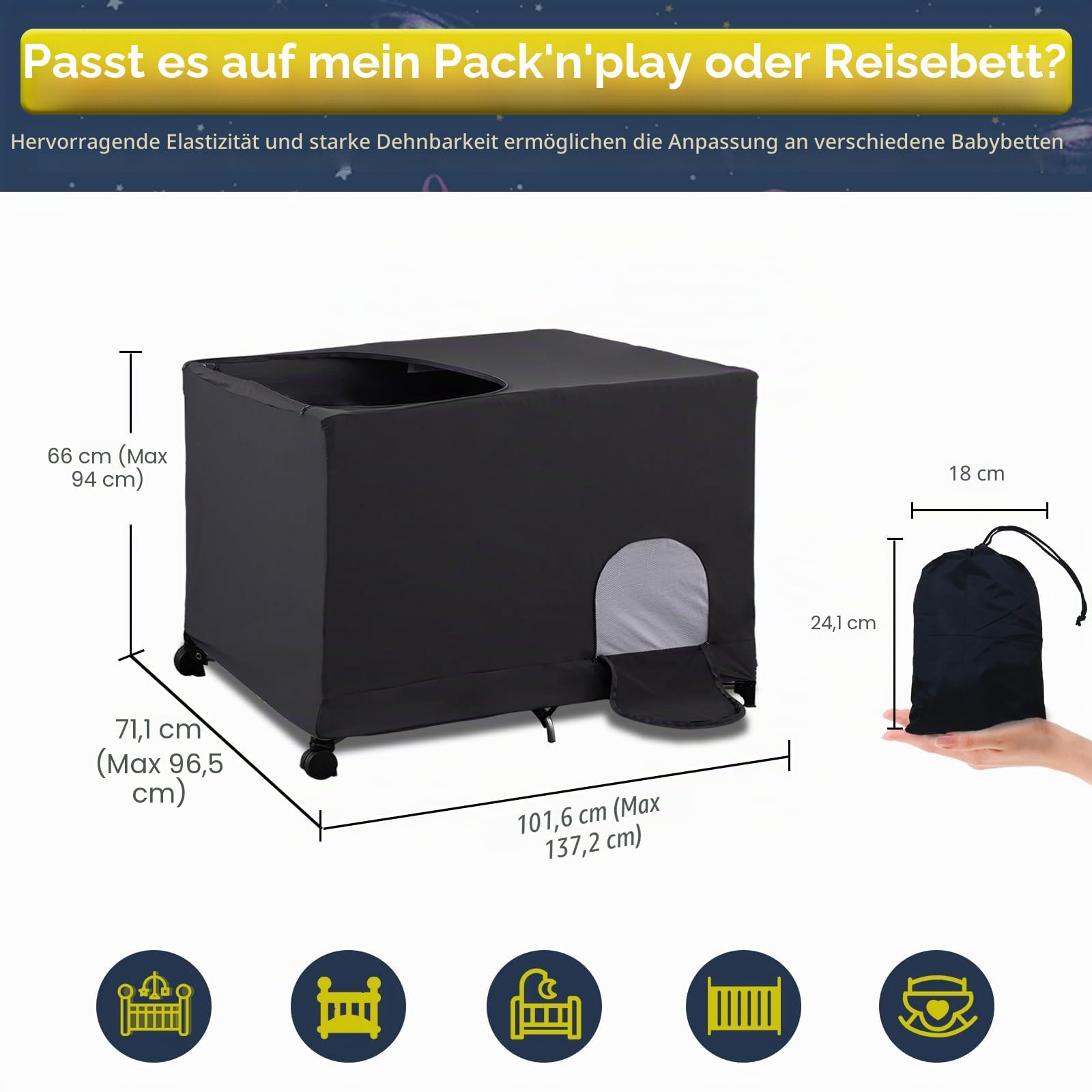 South to East Reisebettbezug 120 cm x 60 cm mit Tragetasche, atmungsaktiv und dehnbar, blockiert 90% des Lichts für den Schlaf des Babys, Pack N Play Blackout Cover