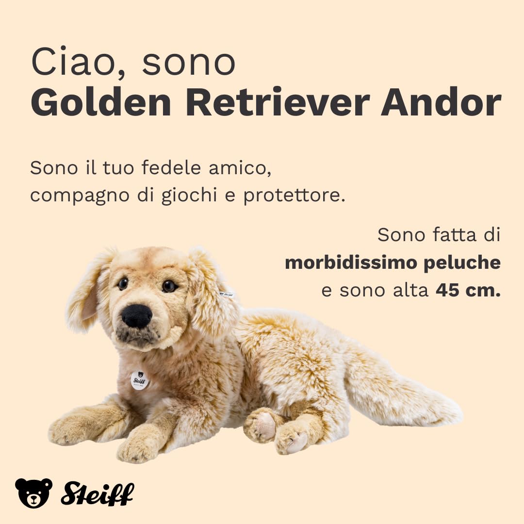 Steiff Peluche Golden Retriever Andor, dolce animale di stoffa con occhi in plastica per bambini e bambine, pupazzo di 45 cm, marrone chiaro, 076947