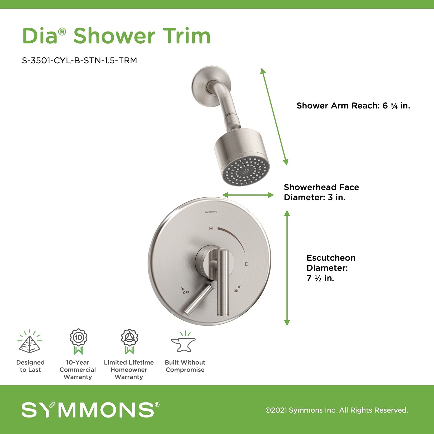 Symmons S-3501-CYL-B-STN-1.5-TRM Dia Single Handle 1-Spray Shower Trim with Secondary Volume Control in Satin Nickel - 1.5 GPM (Valve Not Included)