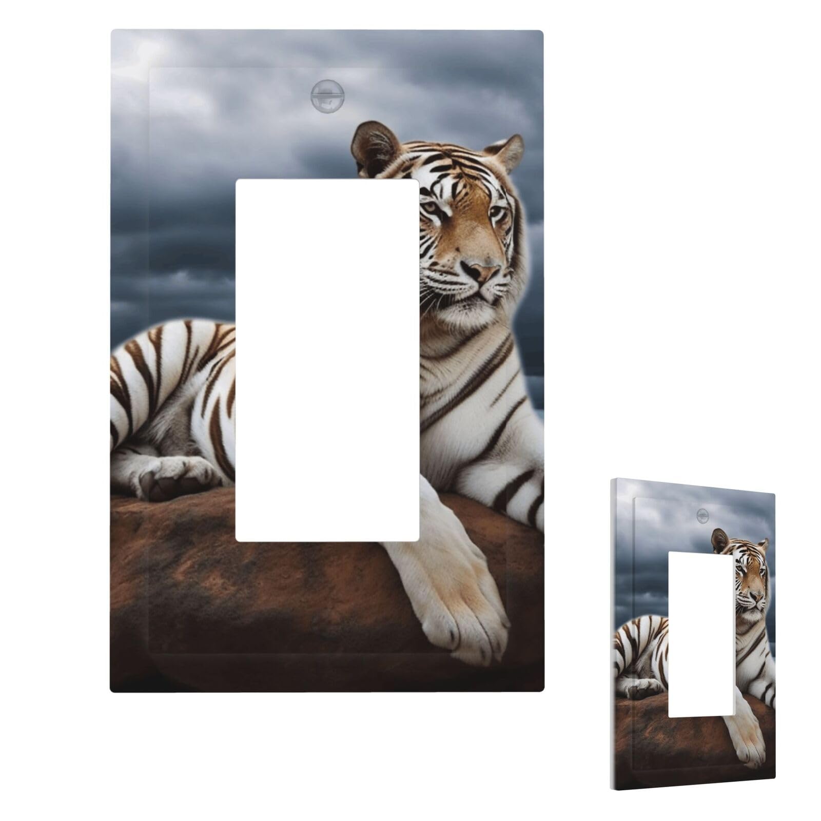 Aceprints 1 Gang Majestic Tiger Resting On A Rock With Cloudy Sky Wall Plate Cover Modern Decorative Light Switch Cover Unbreakable Receptacle Outlet Covers For Living Room Bedroom Decor