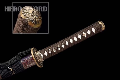 Miniatura 8 de HERO SWORD Espada Katana auténtica hecha a mano de acero de Damasco real, espada samurái de espiga completa, afilada, chizo japonés, Muramasa,