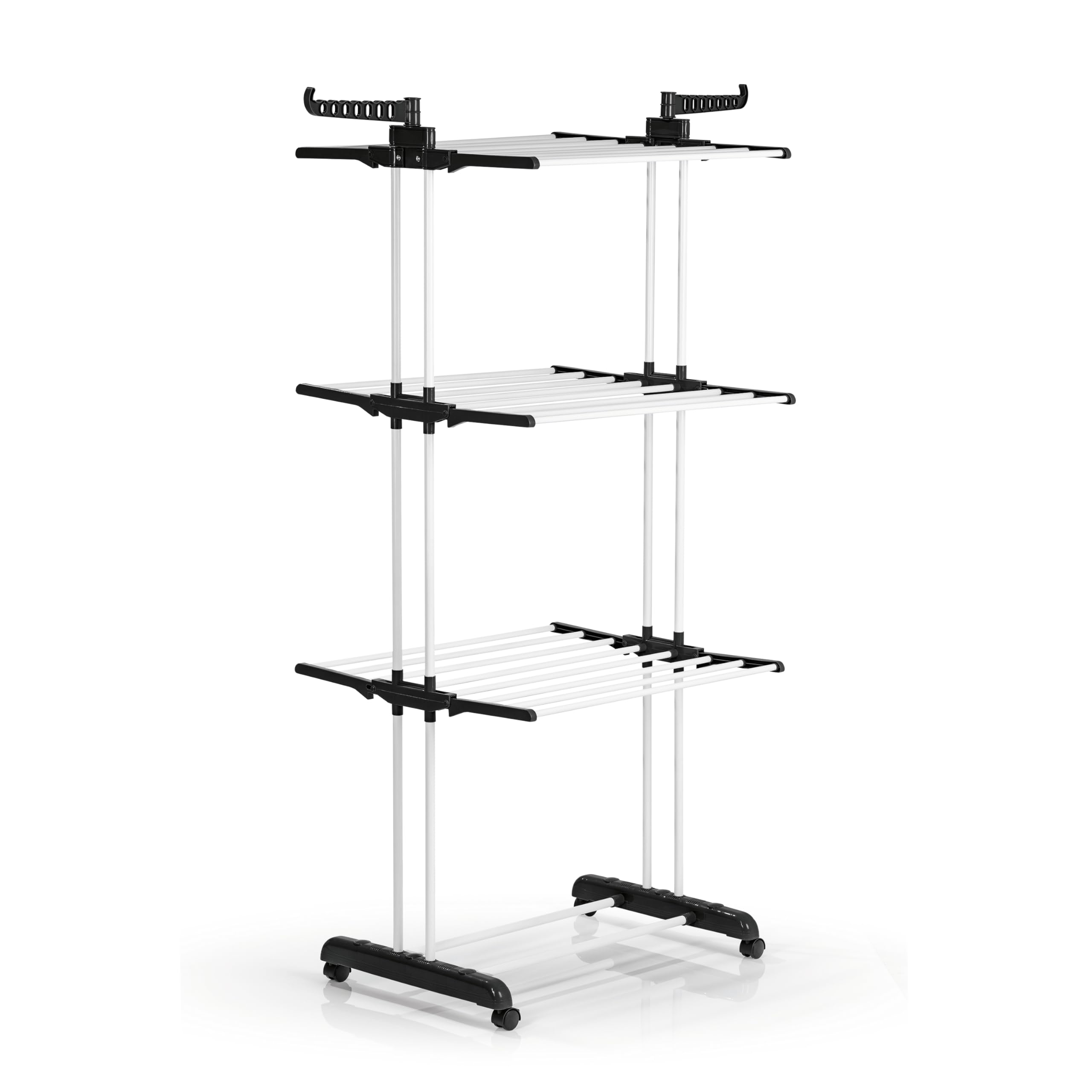 EASYmaxx Stendibiancheria pieghevole | asciugatura efficiente con 3 livelli, 2 ali laterali e struttura leggera, salvaspazio, versatile e mobile per interni ed esterni, nero/bianco