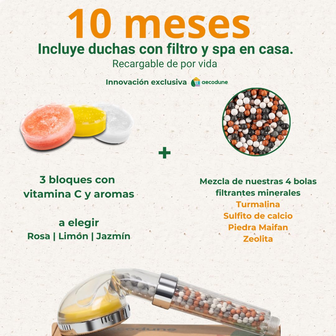 Aecodune Pomo de Ducha XL Vitamina C Premium con Filtro de Agua - VUELVE A SER SUBLIME - Ducha Anti Cal, Elimina 99% Cloro y más - Belleza y Pureza - Filtro de Agua Eco con Aromas y Presión