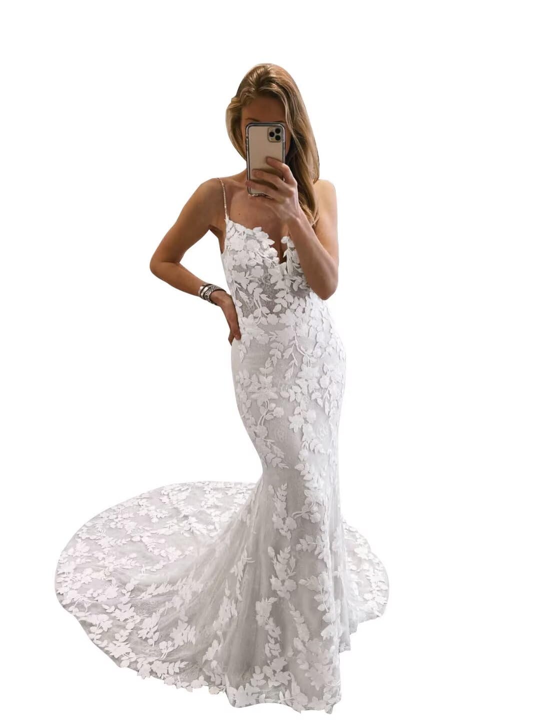 Mermaid Wedding Dresses for Bride Lace Beach Tulle Applique V-Neck Spaghetti Straps Boho Bridal Dress for Bride with Train