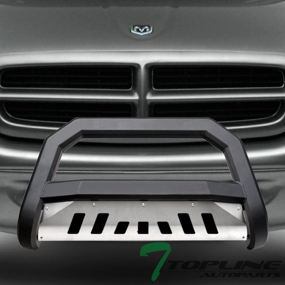 Matte Black AVT Style Bull Bar Brush Push Front Bumper Grill Grille Guard With Aluminum Skid Plate Compatible With 97-04 Dodge Dakota / 98-03 Durango
