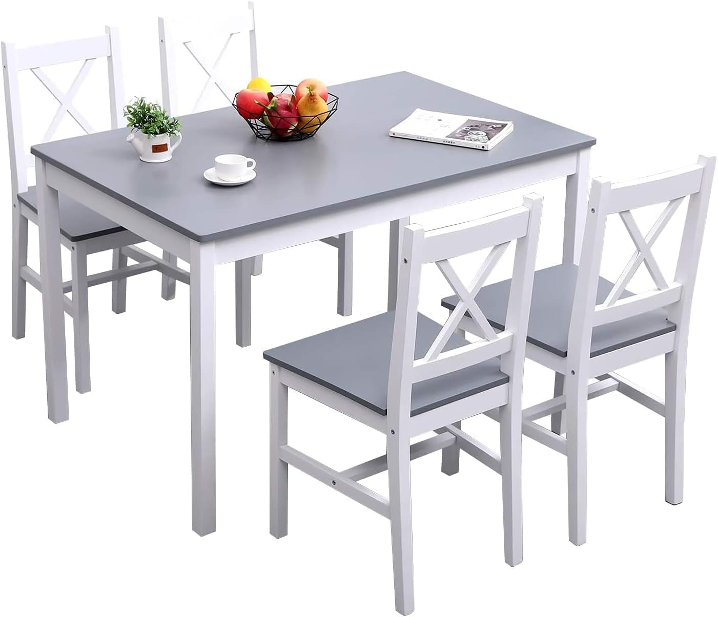 SogesPower Set da Pranzo per 4 Persone, Tavolo da Pranzo con 4 Sedie, Tavolo da Cucina in Legno, Tavolo da Pranzo e Sedie, Set di Mobili Salvaspazio per Cucina e Soggiorno, Grigio/Bianco