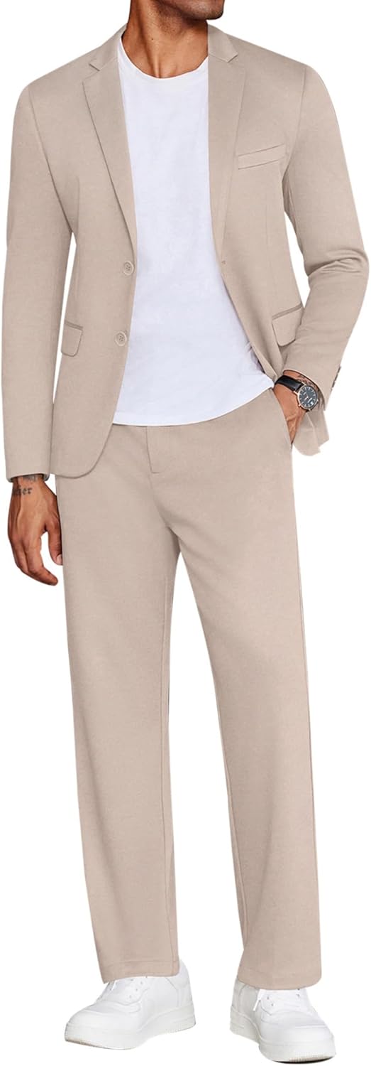 COOFANDY Men's Suits 2 Piece Slim Fit Suit Set 2 Button Lightweight Casual Knit Blazer Suit Jacket Pants