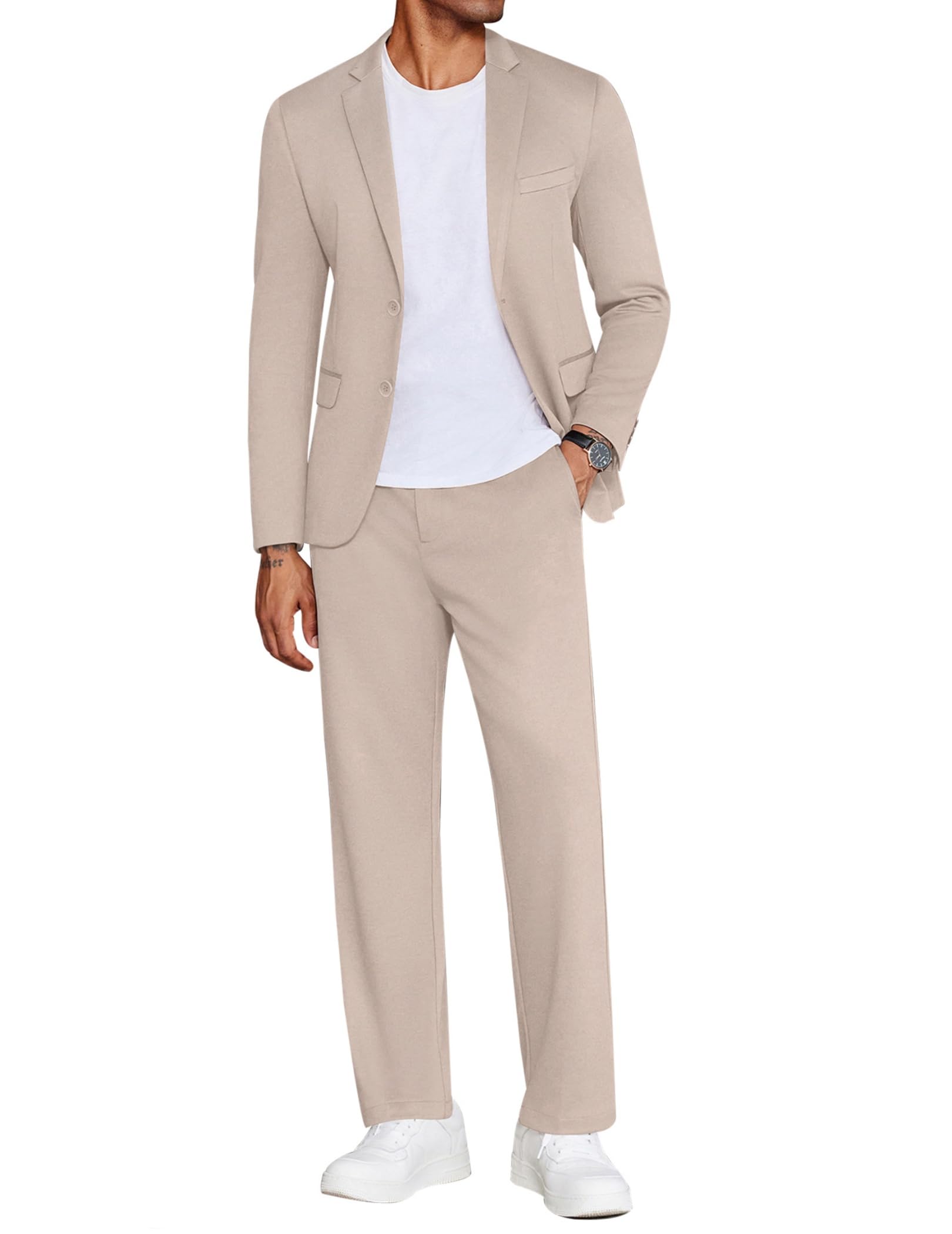 Photo 1 of COOFANDY Men's Suits 2 Piece Slim Fit Suit Set 2 Button Lightweight Casual Knit Blazer Suit Jacket Pants Champagne