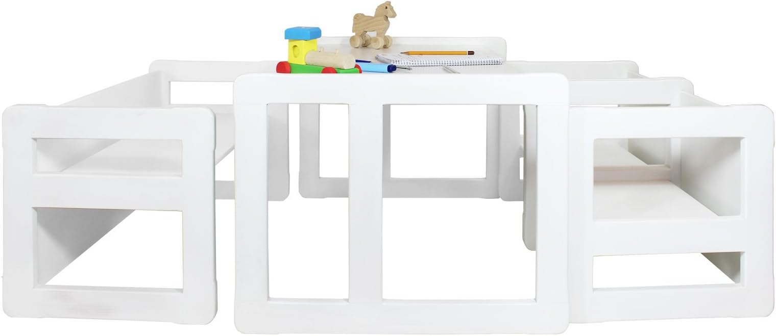 Obique 3 in 1 Children's Multifunctional Montessori Furniture Set of 4, Two Small Chairs or Tables and One Small Bench or Table and One Large Bench or Table Beech Wood, White Stained