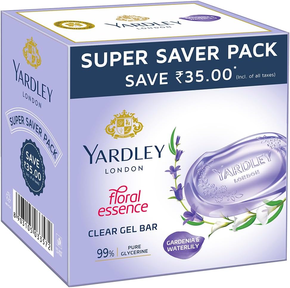 Yardley London Clear Gel Bar Gardenia And Waterlily - With 99% Pure Glycerin And Natural Floral Oils - 125Gx3