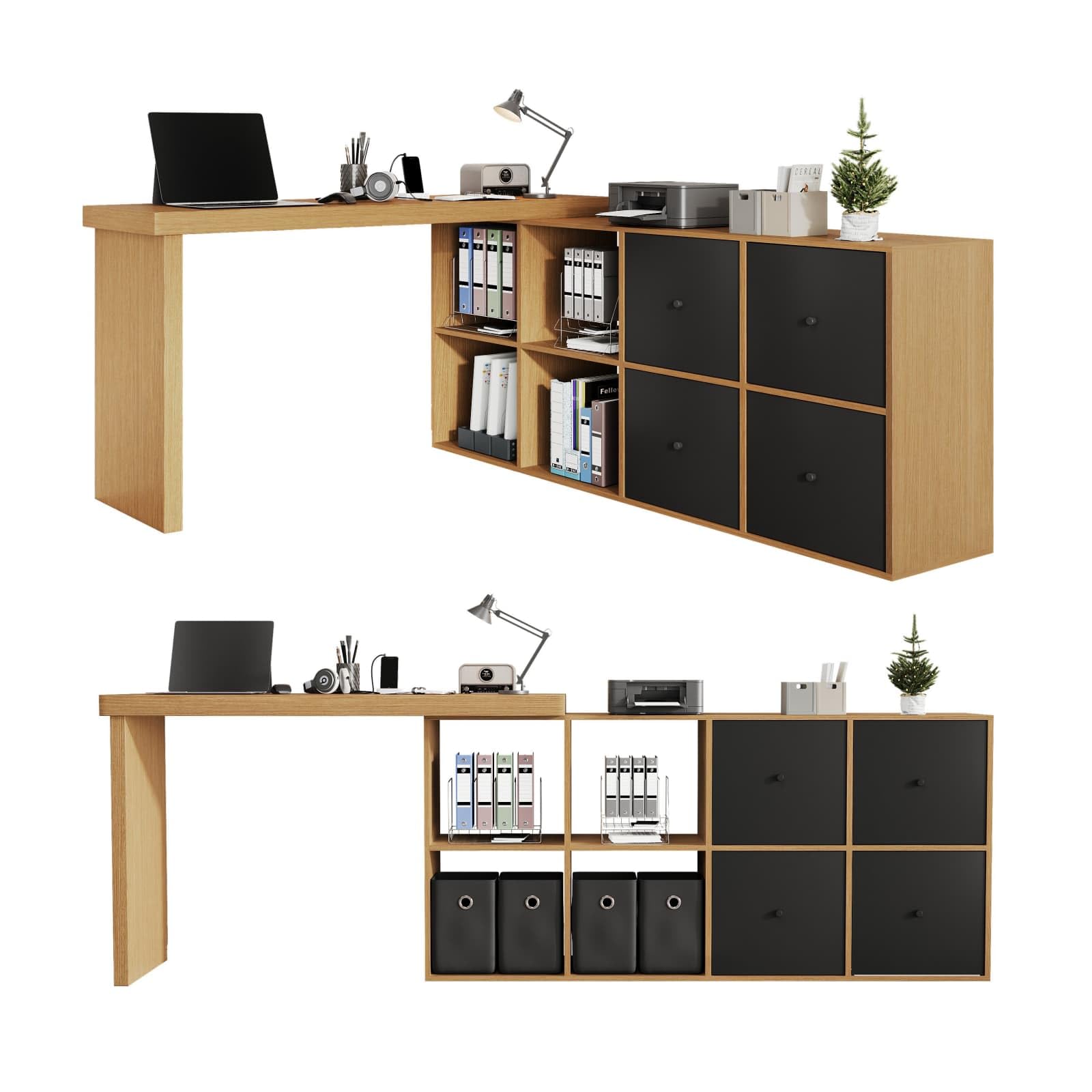 Sweiko Bureau d'angle Informatique Pivotant 360° avec 4 Tiroirs de Rangement, Bureau Modulaire avec Étagères Ouvertes, bibliothèque pour Home Office et Chambre Ado