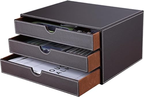 Miniatura 9 de KINGFOM Caja organizadora grande de 3 capas y 3 cajones con estructura de madera triple y cuero de 13 x 25 pulgadas (marrón)