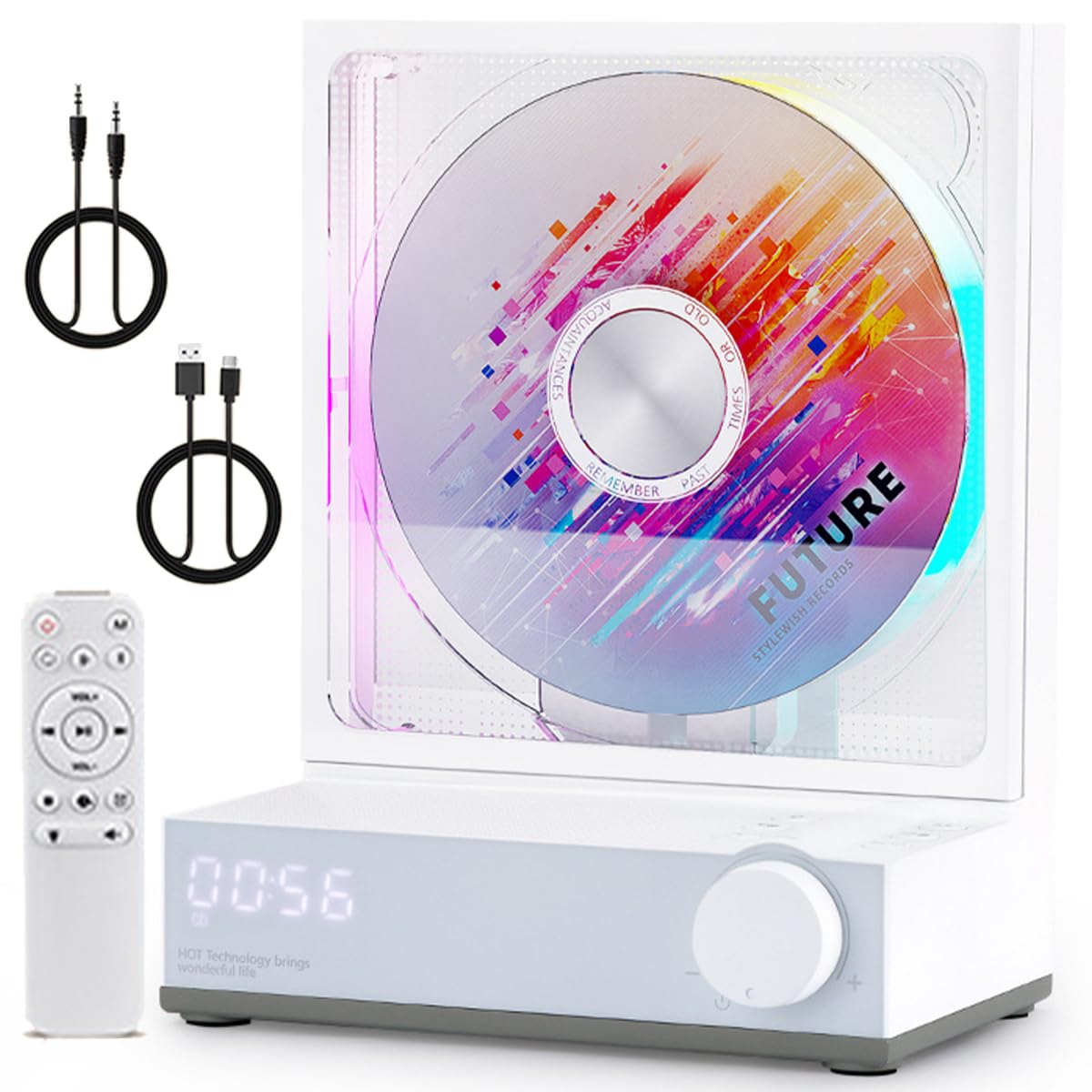 Lettore CD Bluetooth portatile con batteria ricaricabile da 4000 mAh, effetti di illuminazione RGB e timer, lettore musicale da tavolo con porta magnetica a ventosa