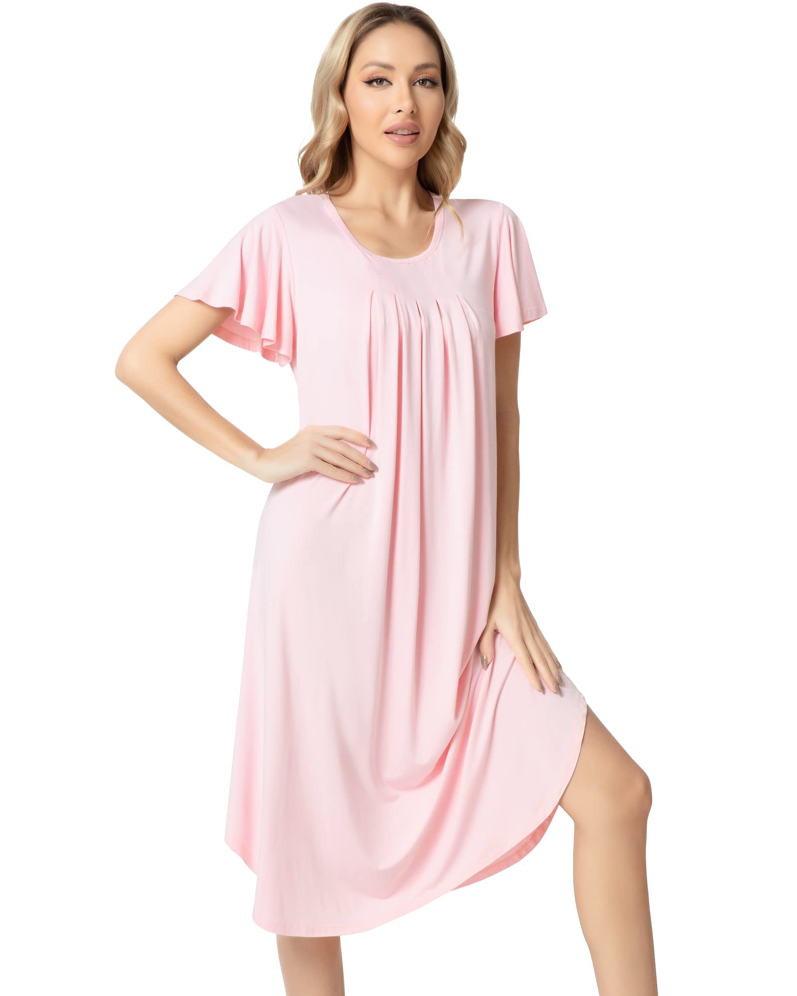 NACHILA Nightgowns for Women-Viscose Made from Bamboo, Short Sleeve Nightgown V Neck Nightshirt Soft Sleepwear Dress