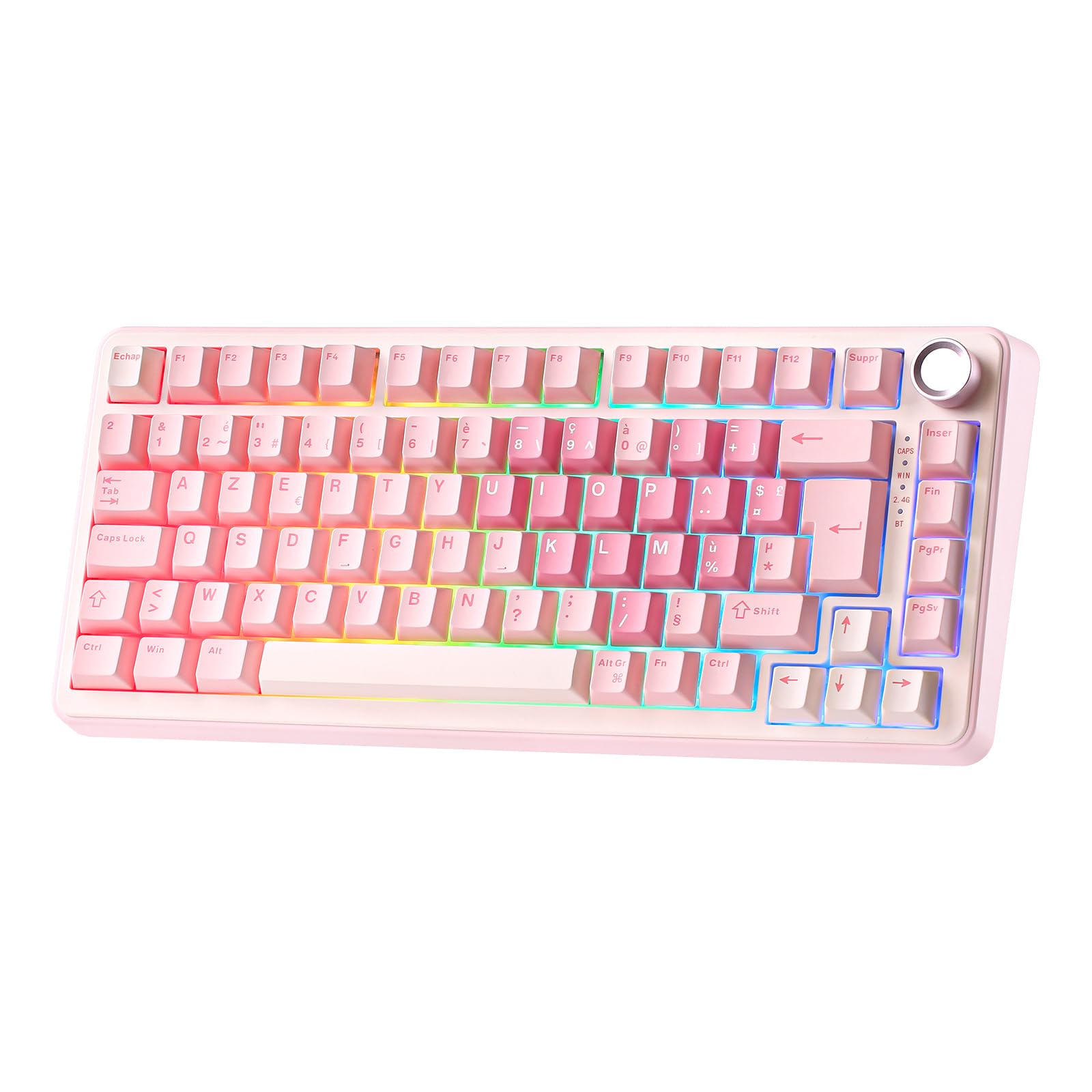 YUNZII B75 PRO Tastiera Meccanica Wireless, 75% Layout FR AZERTY, Tastiera da Gioco con Struttura Gasket, Hot-swap e Manopola, RGB, Connettività BT/USB-C / 2.4G (Rosa, Cocoa Cream V2 Switch)