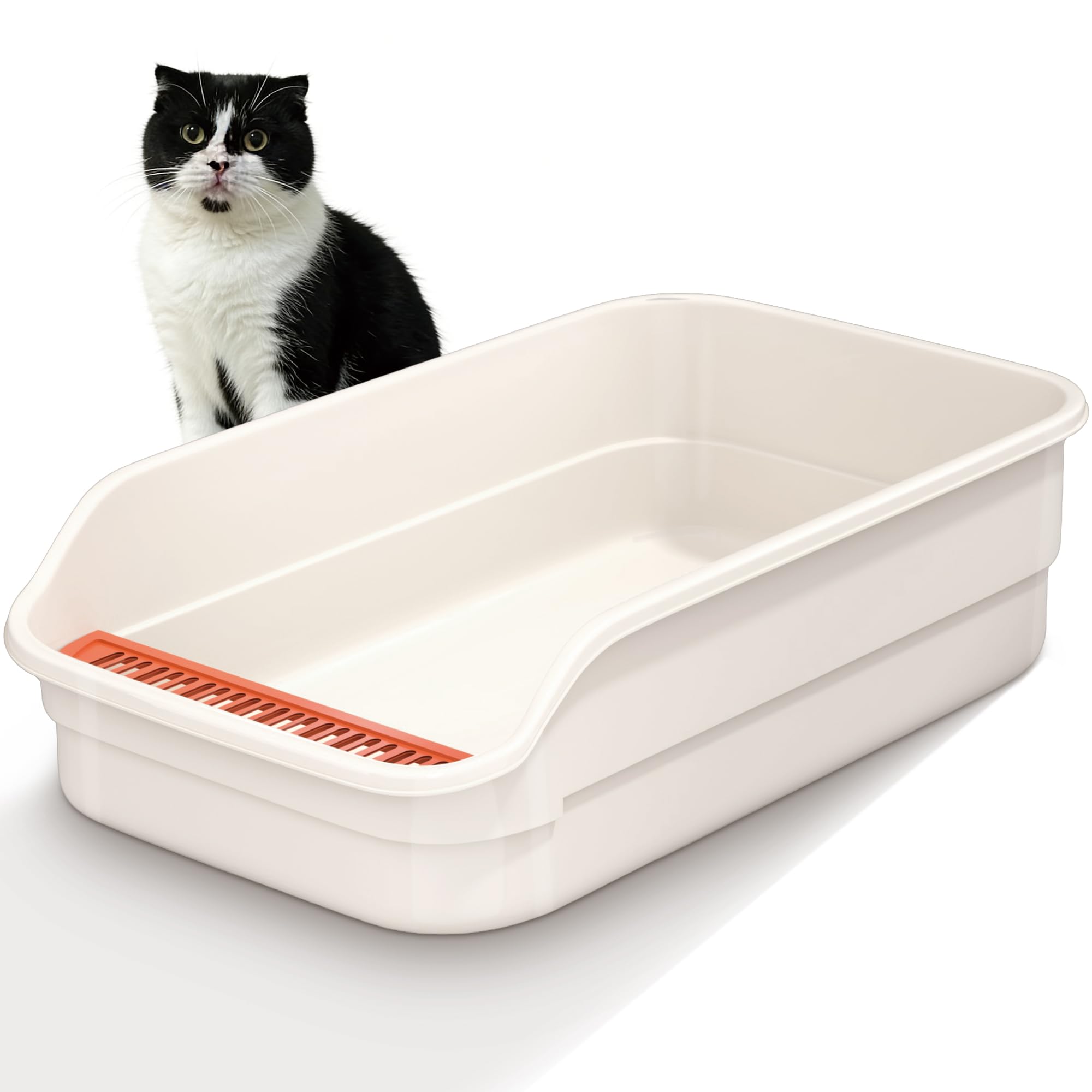 Vealind Large Cat Litter Tray High Sided and Low Entry Cat Litter Box 60 x 40 x 16 CM Easy Access Leak Proof Anti Splash Kitten Litter Trays (Beige)