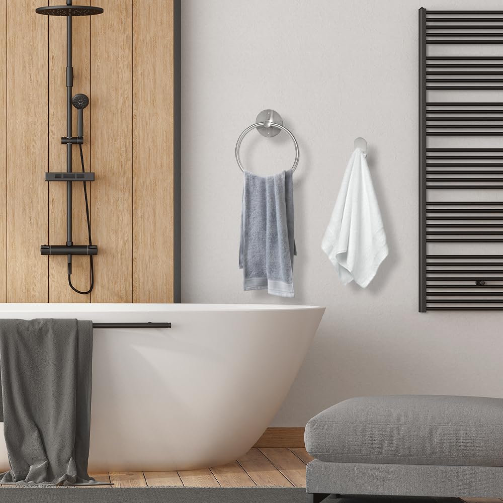 2 Anillos de Toalla Autoadhesivos mit 2 Colgador Toalla para Cuarto de Baño Cocina, Sin Taladrar Anillos de Toalla de Acero Inoxidable, Resistente al óxido y la Humedad, Plateado
