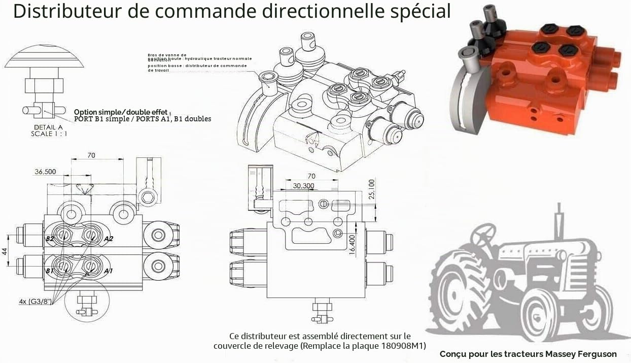 KIT DISTRIBUTEUR HYDRAULIQUE MASSEY FERGUSON 2 DOUBLES EFFETS/SIMPLE EFFET MF 35 50 65 135 150