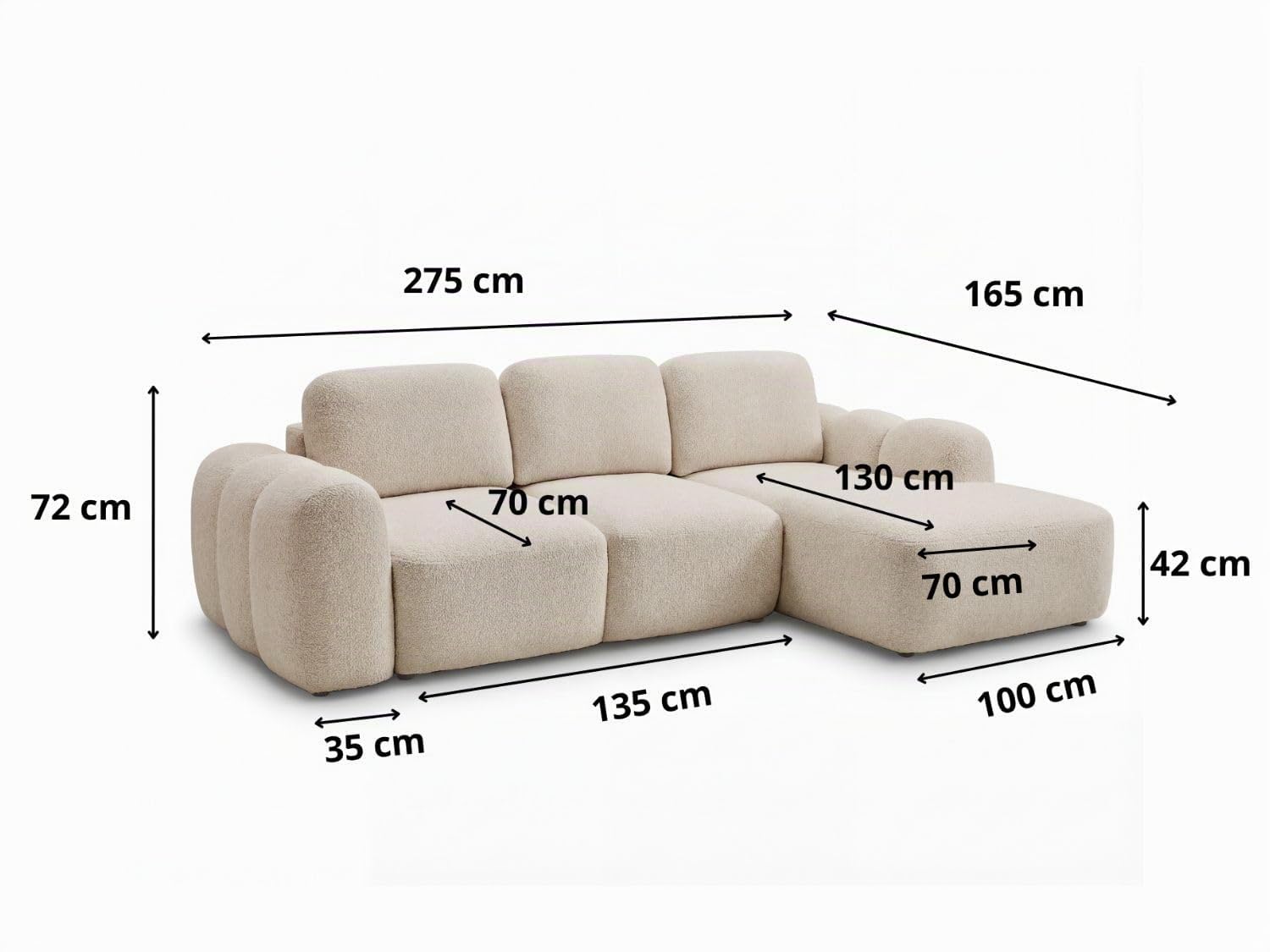 GRAINGOLD Avelin Ecksofa mit Schlaffunktion, 276x165 cm, L-Form Sofa, Schlafcouch für Wohnzimmer, Bouclé-Stoff, 4-Sitzer Eckcouch, Modernes Design (Beige, Links)