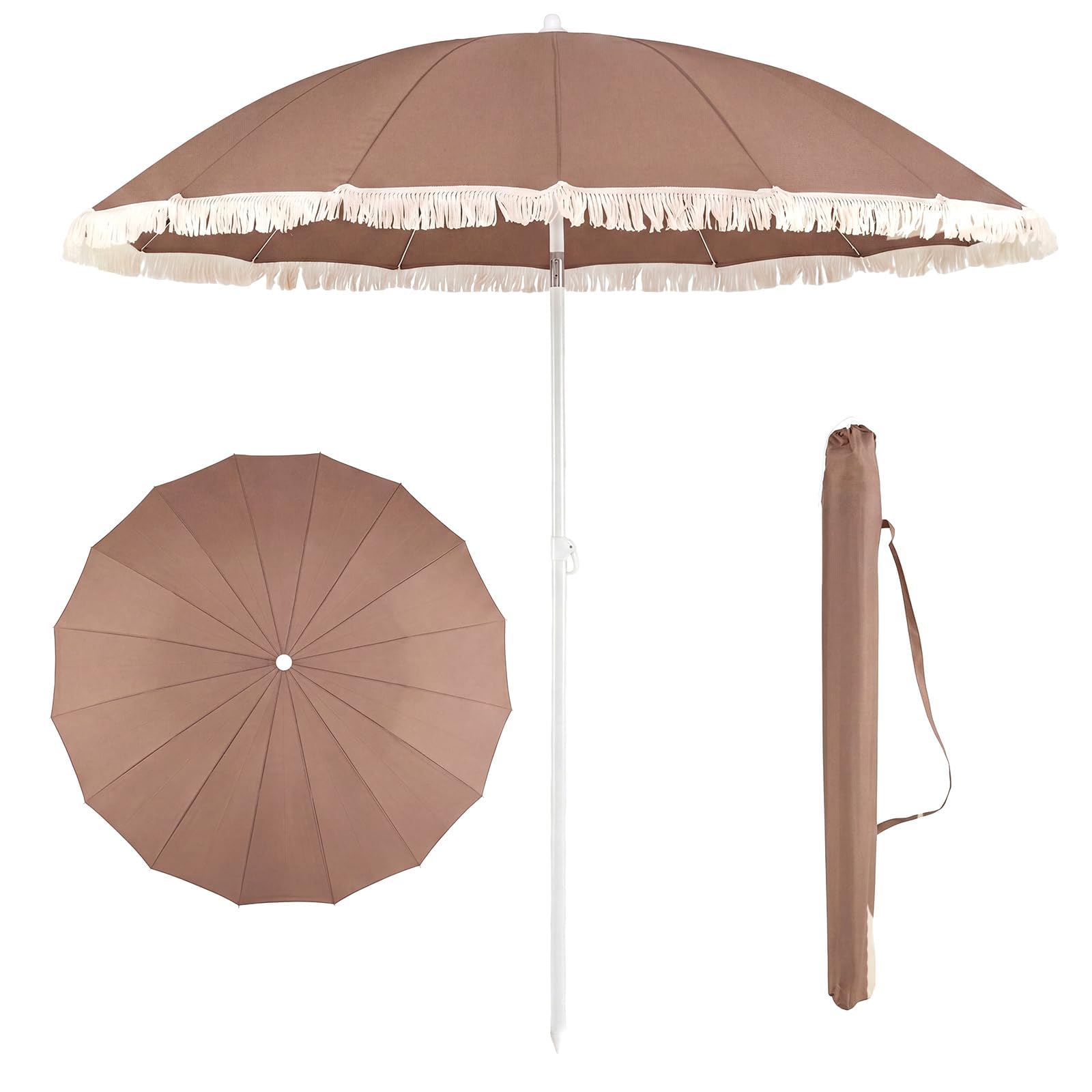 FANTASK Ombrellone da spiaggia da 200 cm, stile bohémien, con frange, pieghevole su entrambi i lati a 30°, vintage, con borsa per il trasporto, per giardino, balcone, terrazza, piscina (marrone)
