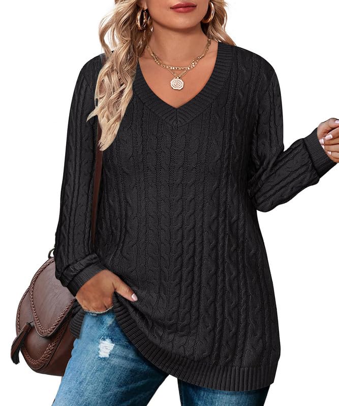 Image of TIYOMI Plus Size Sweaters for Women 2025 Long Sleeve Pullover Sweaters V Neck Casual Fall Tops Loose Winter Knit Sweater