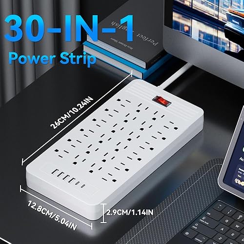 Miniatura 7 de Regleta de alimentación 30 en 1 con protección contra sobrecarga, 24 salidas de CA, 4 puertos USB, 2 puertos tipo C - Montaje en pared, cable de