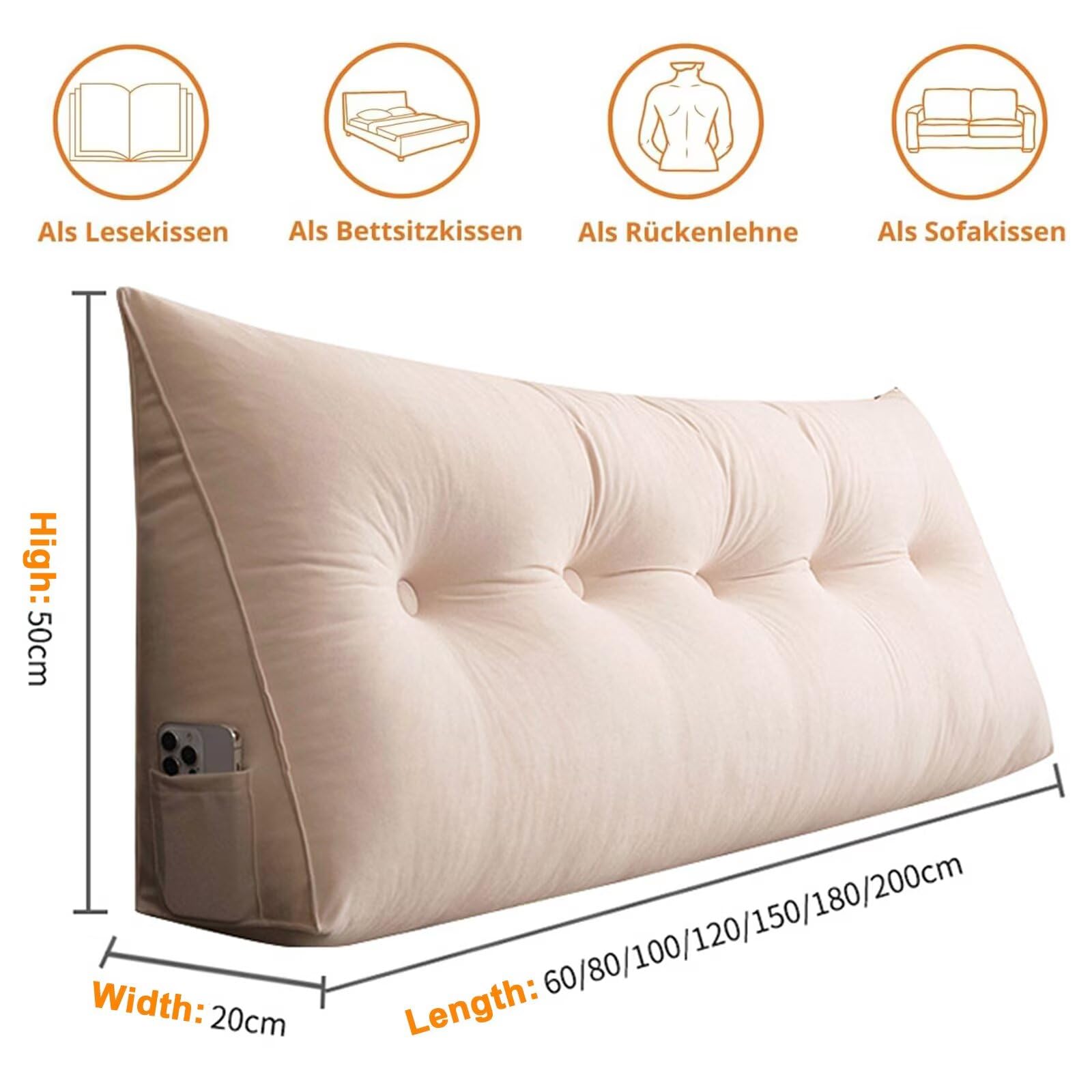 Couchkissen Groß, Rückenkissen 60CM Orange, Lesekissen für Bett und Sofa, Chenille Sofakissen mit Waschbarem Bezug, Rückenpolster für die Wand, Sitzkissen, Wandkissen, Keilkissen zum Anlehnen im Bett